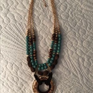 Brass, turquoise, wood, necklace